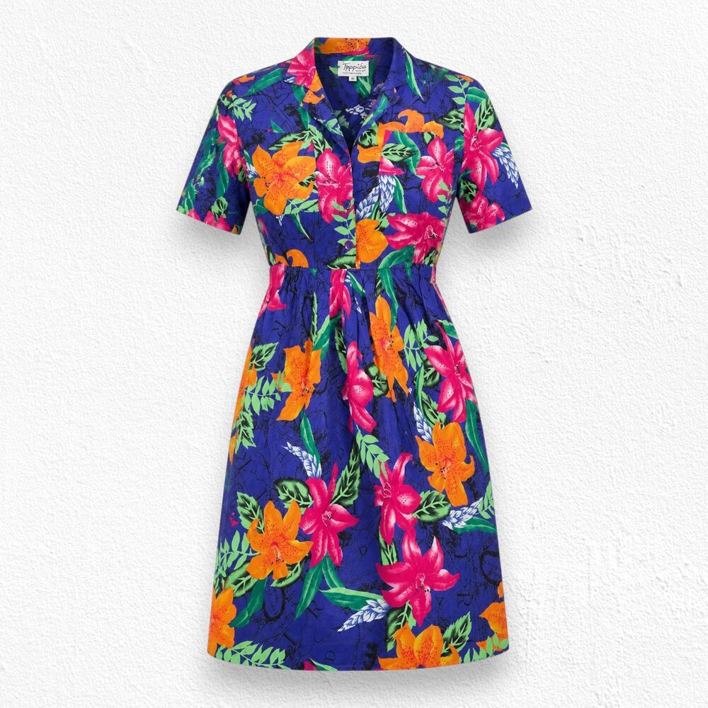 70s Vintage Blue Tropical Floral Island Midi Blouson Dress USA Made Size 6